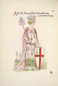 O Orgulho de Londres. Uma jovem mulher segurando um escudo com a cruz de São Jorge de Walter Crane
