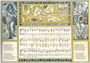 "Love Will Find Out the Way", ilustração da música de "Pan-Pipes", um livro de canções antigas, recentemente arranjado e com acompanhamentos de Theo. Marzials, publicado em Londres por George Routledge und Sons, 1884 (c de Walter Crane