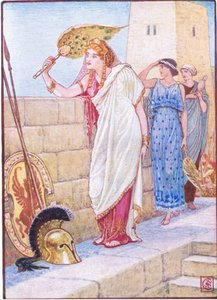 Muitas vezes ela ficava nas paredes de Tróia, ilustração da História da Grécia, década de 1930 de Walter Crane