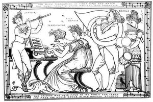 "Velhos Amigos que Ciparam para o Público durante anos, e Fizeram o Mundo Dançar nas Suas Esferas Musicais" (litho) (foto a p/b) de Walter Crane