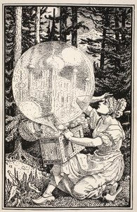 De lá saiu uma cúpula de vidro como uma bolha de sabão, erguendo-se no ar, ilustração do "Folk and Fairy Tales" de Mrs. Burton Harrison, 1885 de Walter Crane