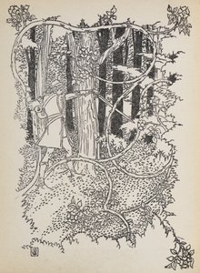 O Príncipe Encantado corta o seu caminho através da floresta sobrecoberta até à Bela Adormecida. de Walter Crane