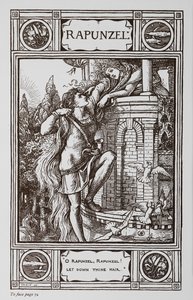 Rapunzel inclina-se para fora da janela de uma torre enquanto um príncipe sobe o seu cabelo. de Walter Crane