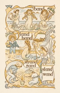 Palavras rimadas que terminam na letra D. Sereias. Crianças a construir castelos de areia numa praia. A cartilha dourada. de Walter Crane