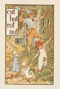 Palavras rimadas terminadas na letra T. Uma ilustração, mostrando um homem a cortar uma árvore. Três crianças estão com ele. A cartilha dourada. de Walter Crane
