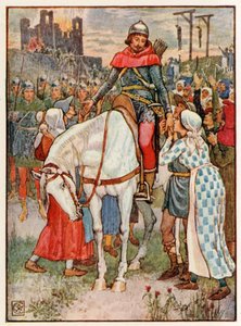 Robin Hood é agradecido pelos camponeses de Walter Crane