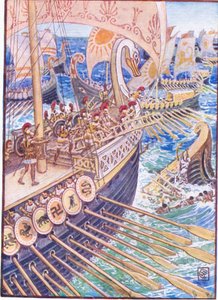 Navio precipitou-se contra o navio, até que os mortos persas espalharam as profundezas como flores, ilustração da História da Grécia, década de 1930 de Walter Crane