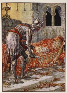 Sir Lancelot na Chapel Perilous, de "Histórias dos Cavaleiros da Távola Redonda" de Henry Gilbert, primeira edição, 1911 de Walter Crane