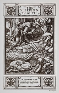 A Bela Adormecida está a dormir rodeada por um cão adormecido e um instrumento musical enquanto o Príncipe Encantado vela por ela. de Walter Crane