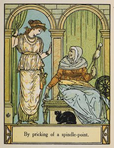 A Bela Adormecida fica ao lado de uma mulher idosa com uma roda e um fio. Um gato preto senta-se por baixo. de Walter Crane