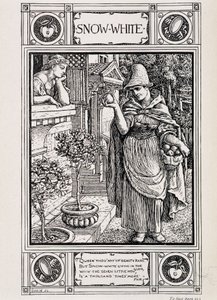 Branca de Neve e a bruxa que cuida da sua maçã - em "Household Stories from the collection of the Bros Grimm", traduzido do alemão por Lucy Crane, London mac millan & Co ltd de Walter Crane