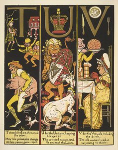 TUV- T significa Tom, o filho de um flautista; U para o unicórnio; e V para o alimento de Walter Crane