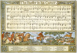 "O caçador em sua carreira", ilustração da canção de "Pan-Pipes", um livro de canções velhas, recentemente arranjado e com acompanhamentos por Theo. Marzials, publicado em Londres por George Routledge und Sons, 1884 (col de Walter Crane