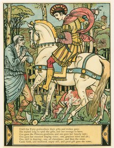 O príncipe pede direções, do livro The Blue Beard Picture Book, pub. Litografia colorida de 1879, 1879. de Walter Crane