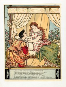 O príncipe acorda Bela, do livro The Blue Beard Picture Book, pub. Litografia colorida de 1879, 1879. de Walter Crane