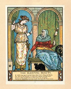 A princesa aprende a girar, no livro The Blue Beard Picture Book, pub. Litografia colorida de 1879, 1879. de Walter Crane