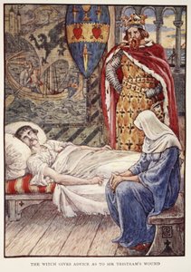 A Bruxa dá Conselhos sobre a Ferida de Sir Tristram, de "Histórias dos Cavaleiros da Távola Redonda" de Henry Gilbert, primeira edição, 1911 de Walter Crane