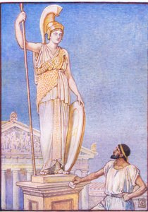 A figura da deusa era colossal, ilustração de A história da Grécia, década de 1930 de Walter Crane