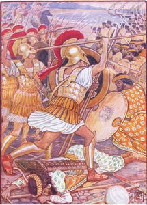 Eles caíram no exército persa com uma força tremenda, ilustração da história da Grécia de 1930 de Walter Crane