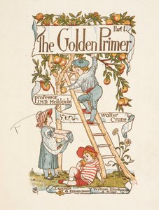 Página de título da Primária de Ouro. Uma criança está numa escada, a apanhar maçãs de uma árvore. de Walter Crane