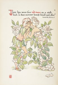 Duas figuras a beijarem-se vestidas de rosas de Walter Crane