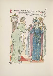 Convidados do casamento a sair. Uma senhora a despedir-se; um homem a ajudá-la a vestir o seu casaco de Walter Crane