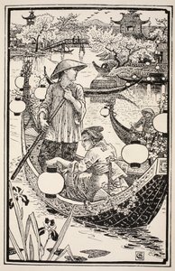 Quando a noite chegou, eles entraram novamente em seu barco, fazendo-o florescer da proa à popa, ilustração de "Folk and Fairy Tales" de Mrs. Burton Harrison, 1885 de Walter Crane
