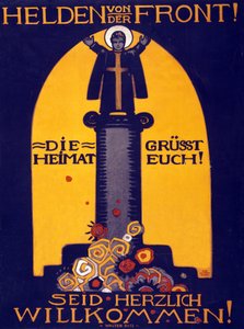 Poster alemão de WWI Heróis da parte dianteira, a pátria cumprimenta-o! Bem-vindo pub. 1915 (cor ithograph)
