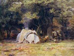 A Nova Floresta: O acampamento cigano perto do canil entre Lyndhurst e Minstead (cor litho) de Walter Frederick Roofe Tyndale