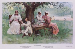 A Ociosidade do Amor: dois casais a descansar à sombra debaixo de uma árvore num jardim (cor litho)