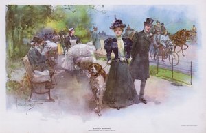 Manhã de Páscoa: mulher a passear com o seu cão de estimação (cor litho)