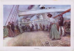 Em Mid-Ocean: passageiros desfrutando de um jogo de shuffleboard a bordo de um navio (cor litho)
