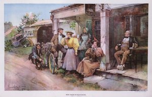 Faces Novas em Lugares Antigos: um grupo de ciclistas tomando um refresco numa estalagem de beira de estrada (cor litho) de Walter Granville-Smith