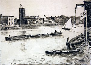 Chelsea Old Church from Battersea (desprezo e lavagem no papel) de Walter Greaves