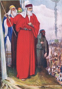 Smiting the rockat Meribah, do livro de imagens da Bíblia publicado por Thomas Nelson, c.1950