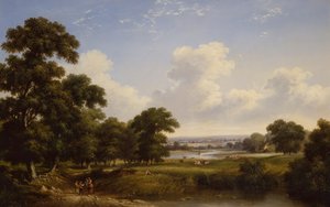 Camponeses numa paisagem de rio arborizado (óleo sobre tela) de Walter Heath Williams