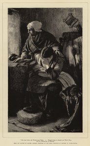 Os homens devem trabalhar, e as mulheres devem chorar, embora as tempestades sejam súbitas e profundas, e o bar do porto esteja se lamentando. de Walter Langley