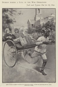 Marinheiro e soldado britânico a dar uma volta num riquixá pelas ruas de Durban durante uma calma na luta na Guerra da Boer (litho) de Walter Paget