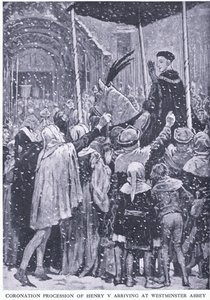 Procissão de coroação de Henrique V chegando à Abadia de Westminster 1413, da História de Cassells do Povo Britânico publicada pela Waverley Book Company Limited, c.1940 de Walter Paget