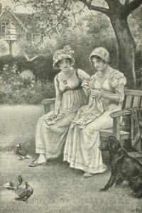 Jane Austen, costura, com sua irmã Cassandra no Jardim da Reitoria (litho) de Walter Paget
