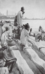 Parsis adorando o sol nascente na praia de Bombaim (litografia) de Walter Paget