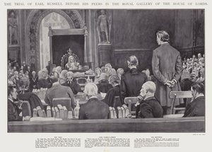 O julgamento de Earl Russell perante os seus pares na Galeria Real da Câmara dos Lordes, Westminster (litho) de Walter Paget