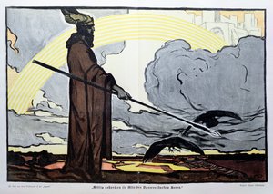 Odin com os seus dois corvos, Hugin (pensamento) e Munin (memória) de Walter Puttner
