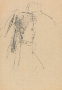 Cabeça e busto de uma menina de perfil para a direita, cabeça de um homem, frente cheia, atrás (grafite sobre papel) de Walter Richard Sickert