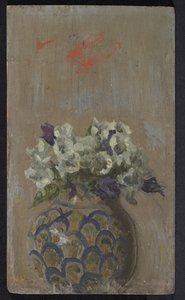 Violetas Doces - Biolets brancos e azuis em uma tigela estampada, c.1884 (óleo no painel) de Walter Richard Sickert