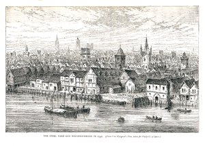 O Steel Yard Iron Wharf e a vizinhança em 1540. À beira do rio, 1878