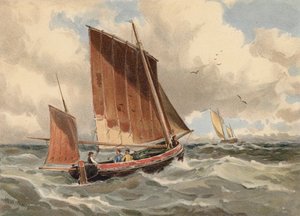 Lugger francês em frente ao mar (litografia a cores) de Walter William May