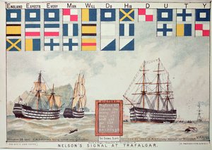 O sinal de Nelson em Trafalgar em 1805, de "The Boy&39;s Own Paper" para comemorar o HMS Victory atracado em Portsmouth, 1885