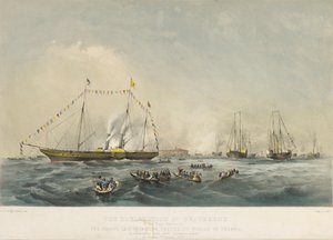 O embarque do Príncipe Frederico Guilherme IV da Prússia (1795-1861) e da sua mulher Isabel da Baviera (1801-1873) a bordo do navio Victoria and Albert, em Gravesend, Inglaterra, a 2 de fevereiro de Walter William May
