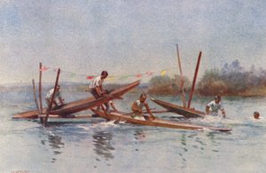 Nova Zelândia: Corrida de canoa com barreiras (litografia a cores)
